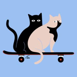 An illustration of two two stylised cats sitting on a black skateboard against a blue background. One cast is black with white eyes and a tail in the air. The other cat is light brown with white eyes and a black patch under their eyes. The picture is called 'Skate' and features in the exhibition Sad No More by Francesco Pellitta.