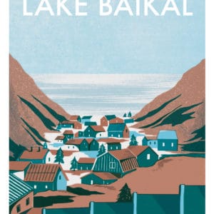 A poster of a village between two mountains and a lake. The writing says 'Lake Baikal'. The colours of the poster are blue and brown.