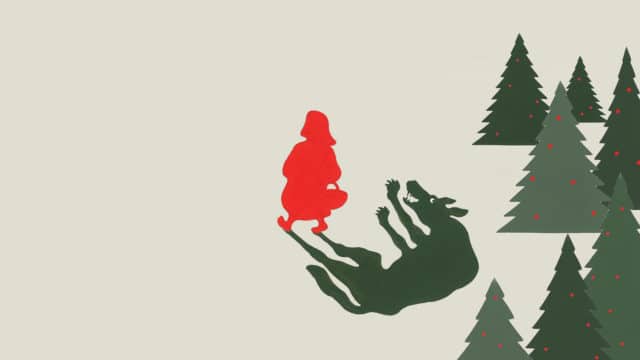 The Little Red Riding Hood poster shows cartoon trees on the right with red berries. An all red image of a girl is in the centre being followed by the shadow of a wolf. The background is white.